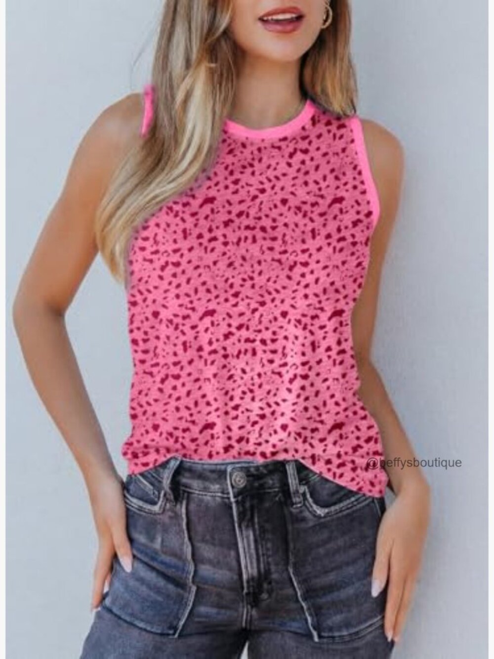 Leopard Print Tank Top Crewneck Sleeveless Summer Casual Blouse - Picture 4 of 7
